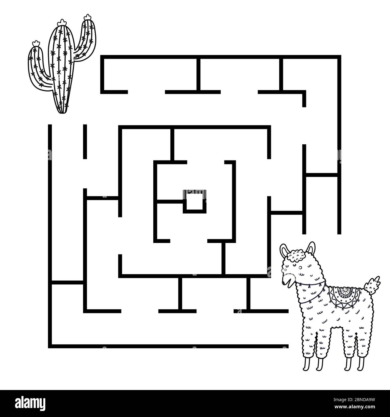 Schwarz und weiß quadratische Form Labyrinth-Spiel mit lustigen Lama Stock Vektor