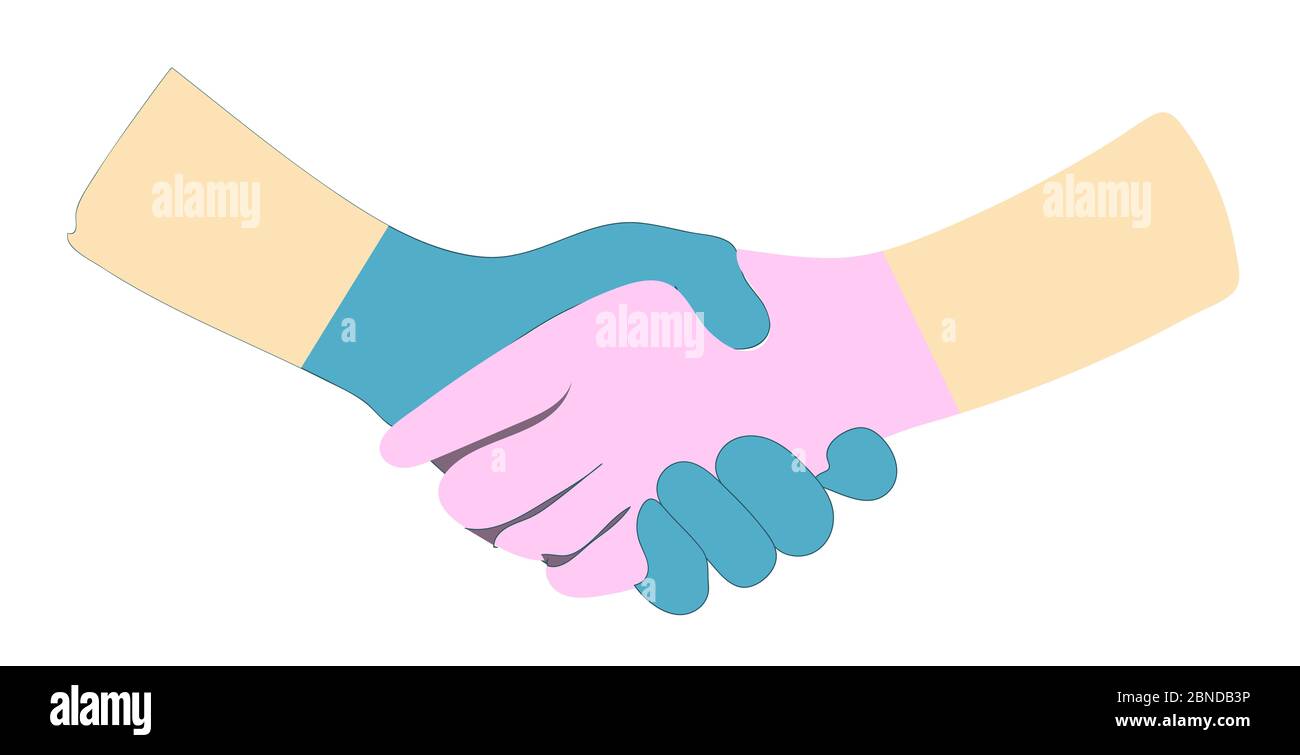 ZWEI Hände in Latexhandschuhe isoliert auf weißem Hintergrund. Illustration. Händeschütteln, Begrüßung und Berührung. Stockfoto