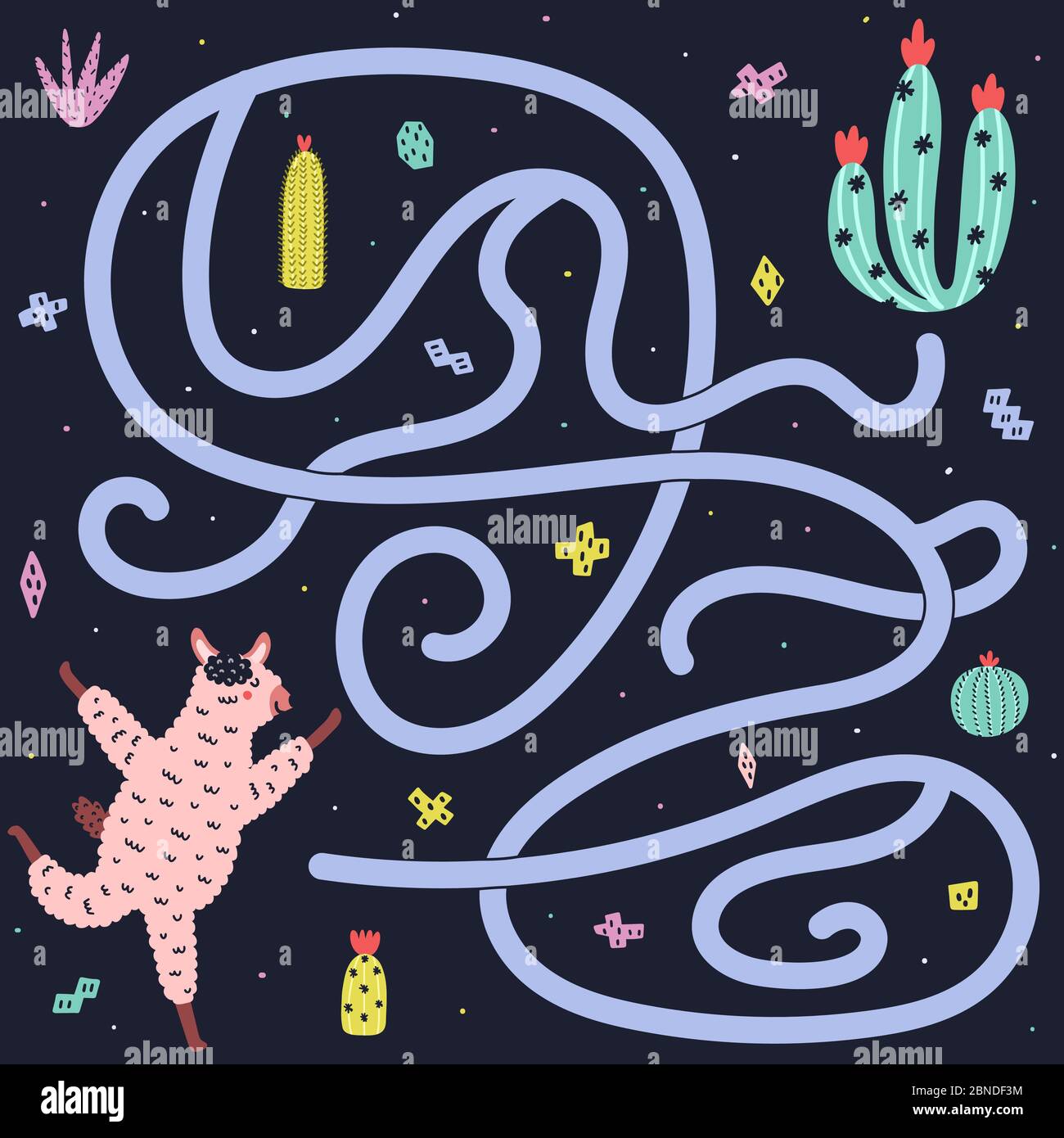 Hilf Lama, den Weg zum Kaktus zu finden. Lustige bunte Labyrinth-Spiel Stock Vektor