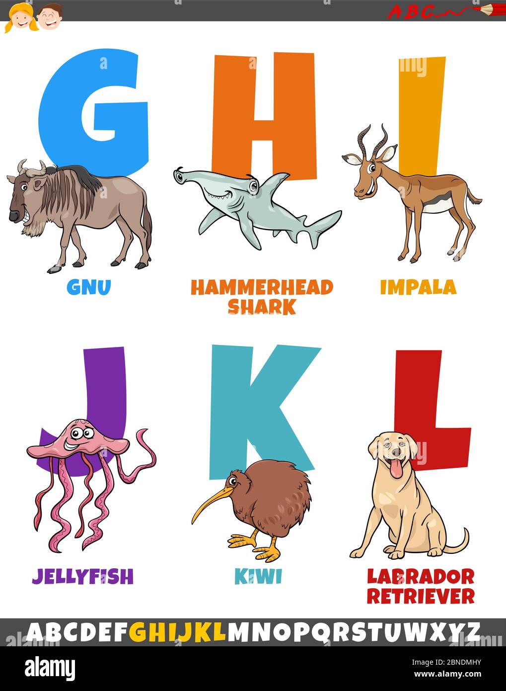 Cartoon Illustration von bunten Alphabet von Buchstaben G bis L mit lustigen Tier Zeichen Stock Vektor