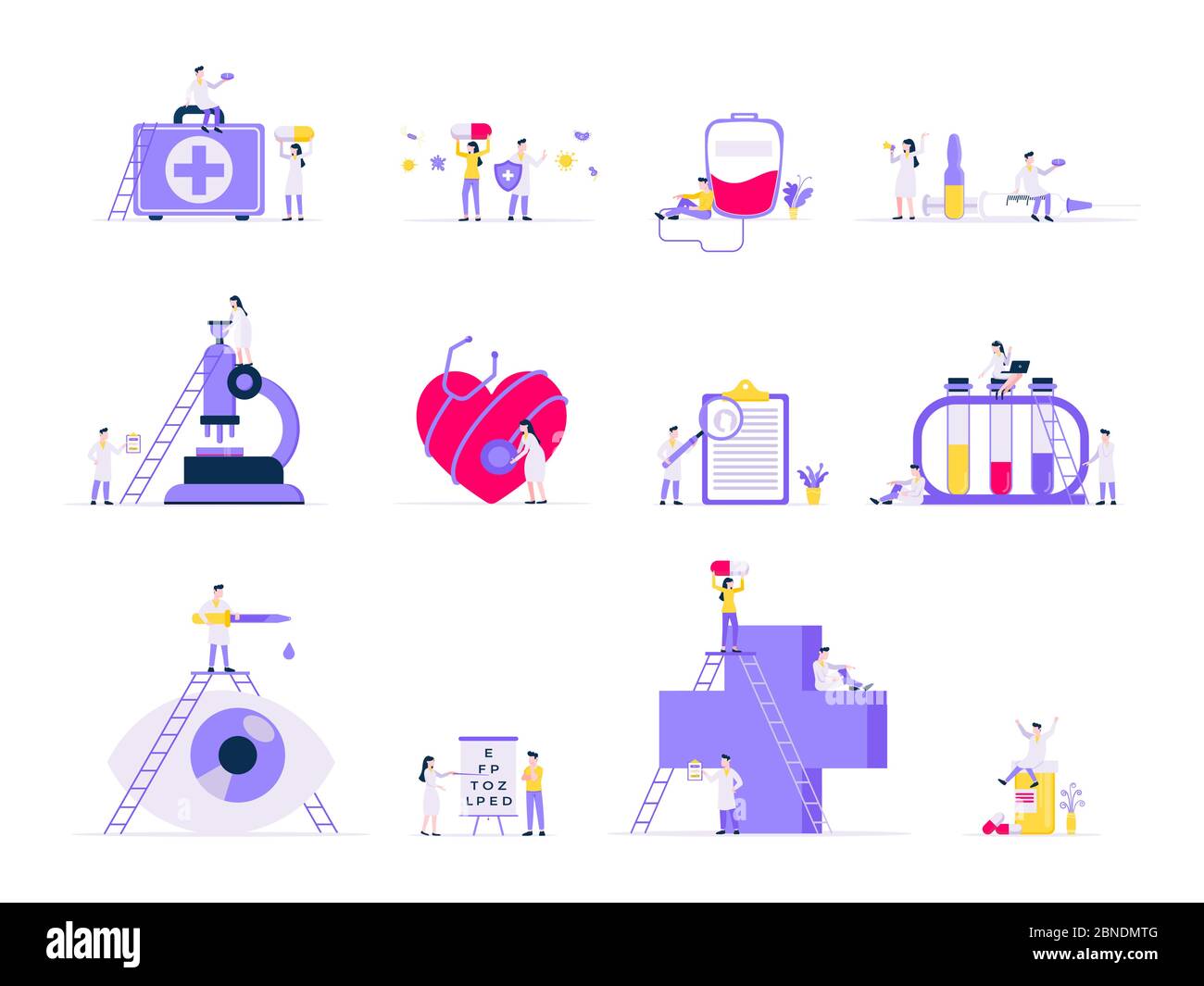 Healthcare Medizin Wissenschaft Konzepte mit winzigen Menschen Ärzte und Medizin-Geräte arbeiten zusammen flache Stil Design Vektor Illustration isolieren Stock Vektor