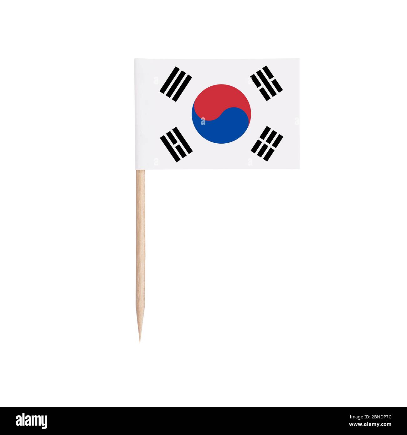 Miniatur-Papierflagge Südkorea. Isolierte südkoreanische Zahnstocher Flagge Zeiger auf weißem Hintergrund. Stockfoto