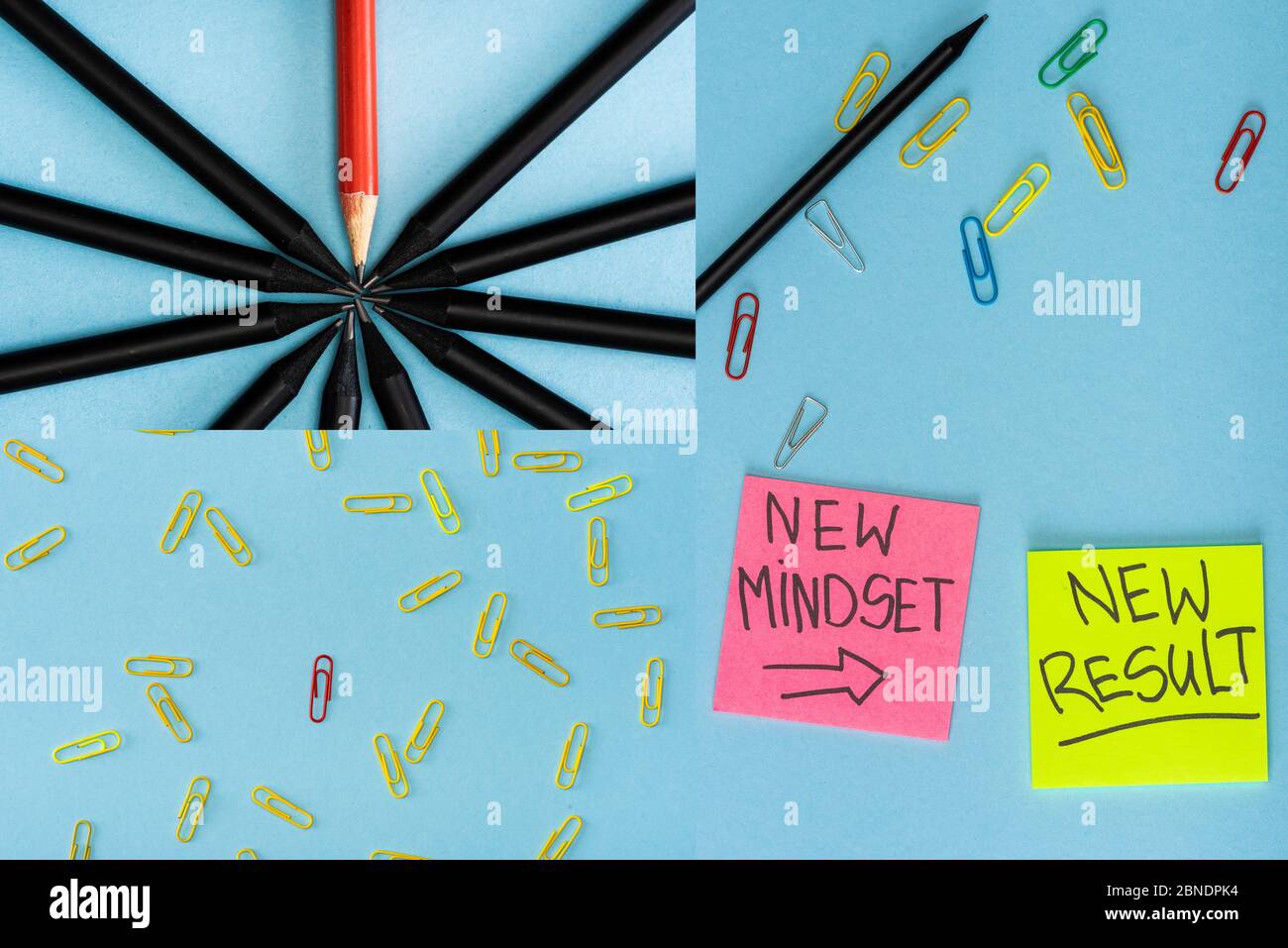 Collage aus Haftnotizen mit neuer Denkweise und neuem Ergebnisschriftzug mit Büroklammern und Bleistiften auf blau Stockfoto