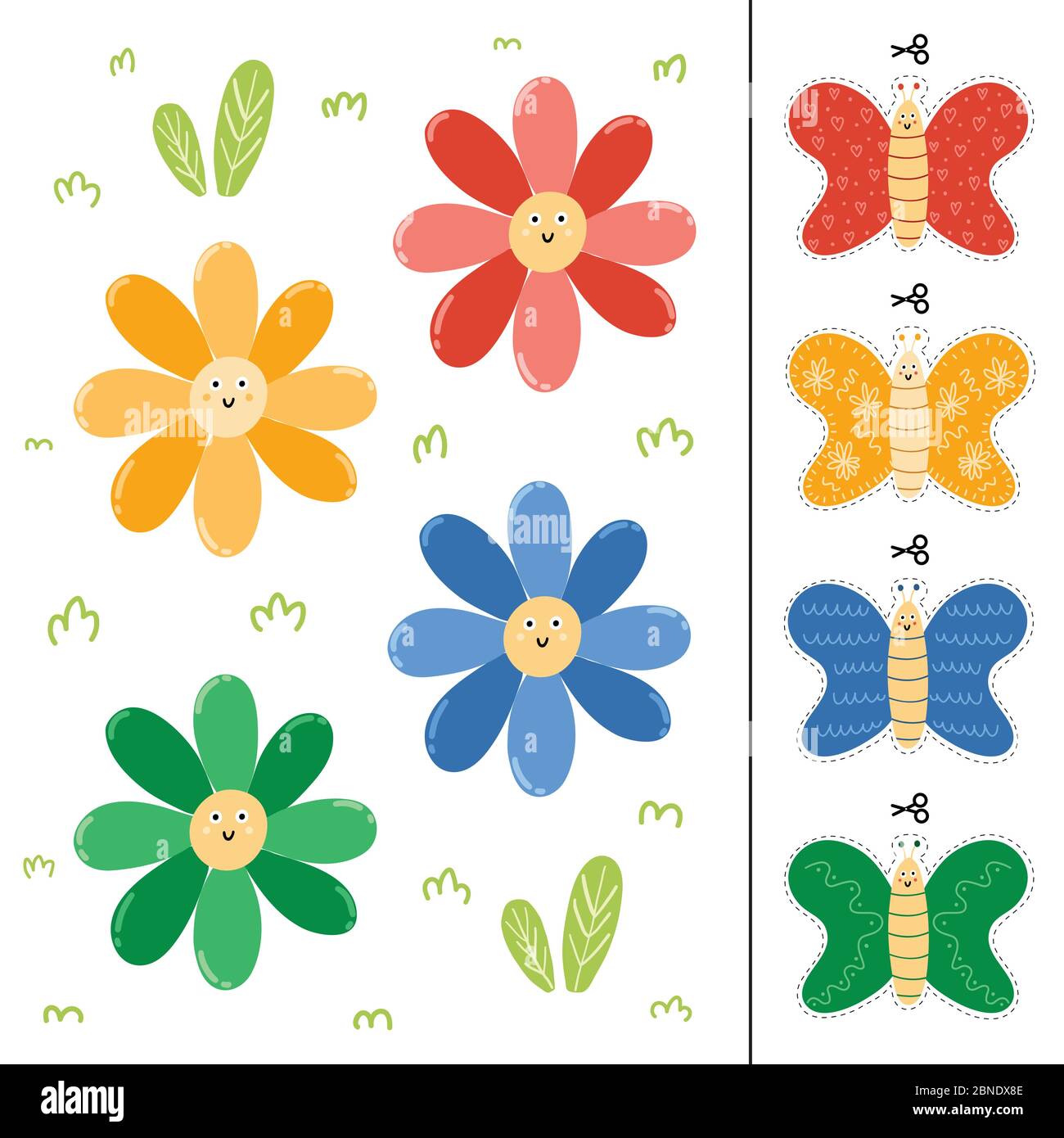 Blumen und Schmetterlinge Farbe passenden Spiel für Kinder Stock Vektor