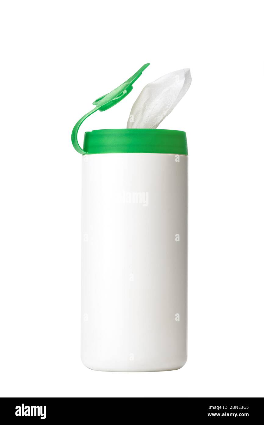 Weiße Plastikflasche mit grüner Kappe ohne Etikett mit Kopierfläche. Bank für die Lagerung von Hygieneprodukten, Feuchttücher. Kosmetische Produkte auf einem Weiß Stockfoto