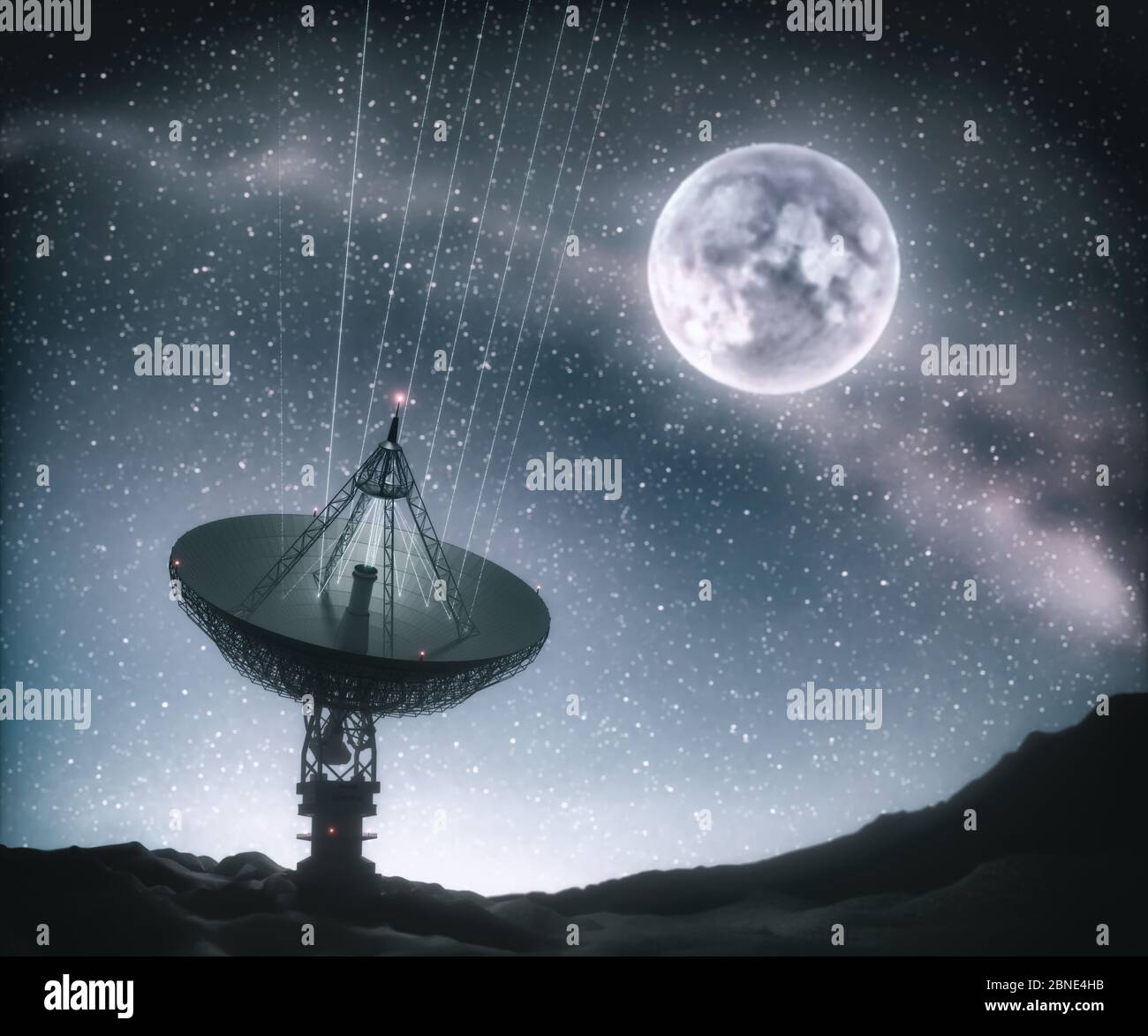 Riesige Satellitenantenne Schale für Kommunikation und Signalempfang aus dem Planeten Erde. Observatorium sucht nach Funksignal. 3D-Darstellung. Stockfoto