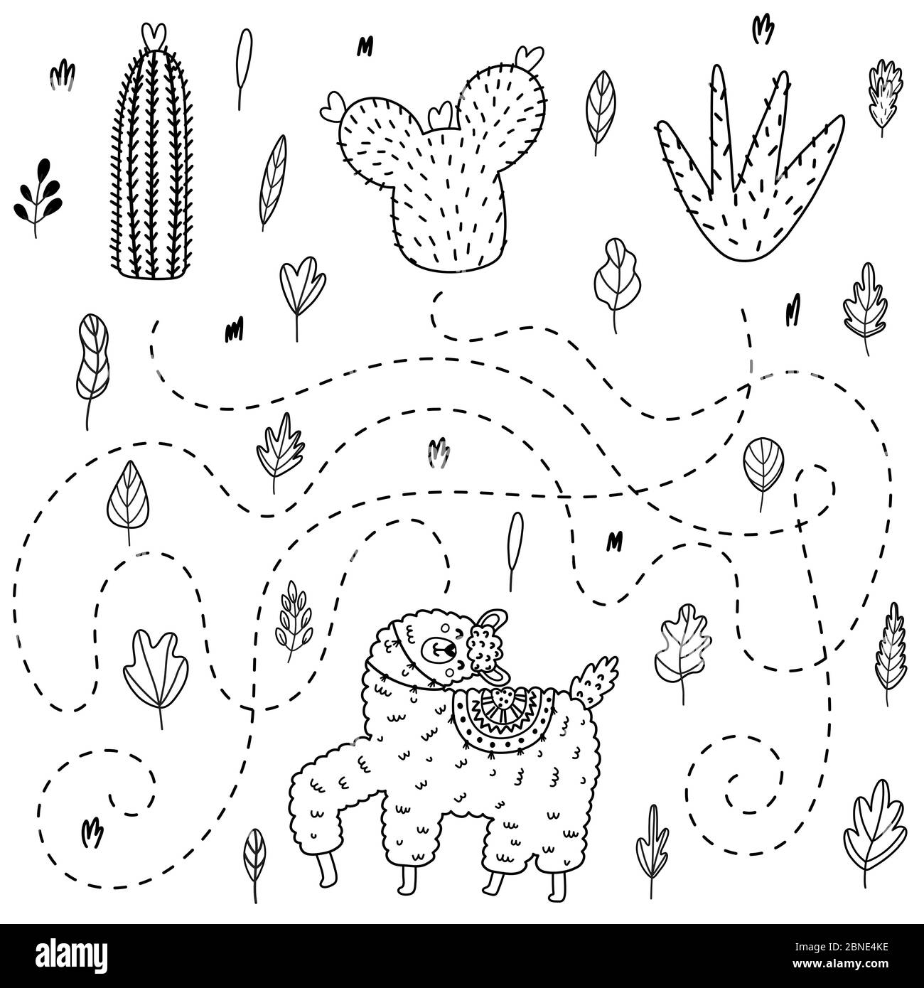 Finde heraus, welcher Kaktus das Lama bekommt. Outline Labyrinth-Spiel Stock Vektor