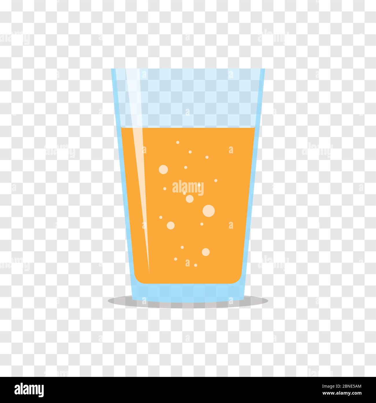 Drei Viertel Glas mit frischem, funkelndem Orangensaft. Flaches Symbol auf kariertem Hintergrund isoliert. Gelbe Flüssigkeit in transparentem Behälter. Styli Stock Vektor