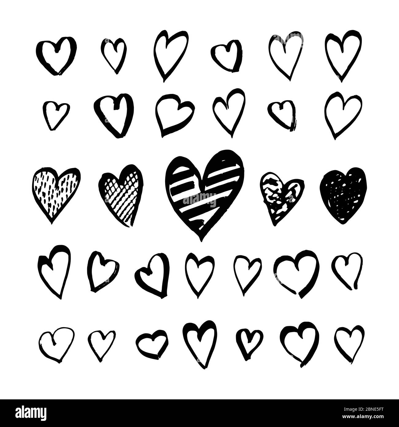 Herz-Symbole von Hand gezeichnet Set in Doodle-Stil. Skizzenhafte Designelemente für Valentinstag oder Hochzeit. Schwarze Love-Symbole auf Weiß isoliert. Vektor-eps8 i Stock Vektor