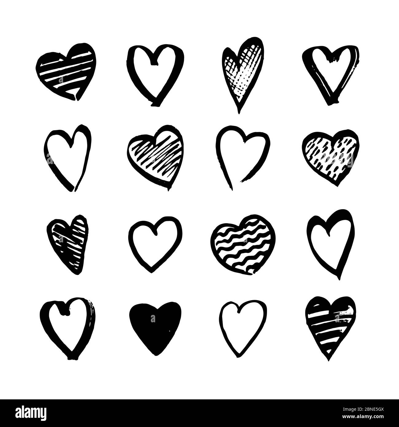 Herz-Symbole von Hand gezeichnet Set in Doodle-Stil. Skizzenhafte Designelemente für Valentinstag oder Hochzeit. Schwarze Love-Symbole auf Weiß isoliert. Vektor-eps8 i Stock Vektor