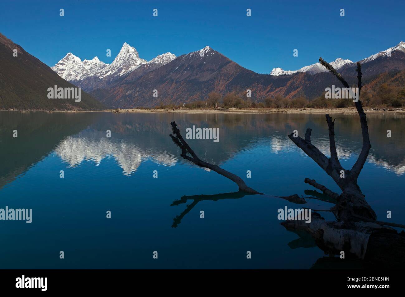 Berge im See Basongcuo/Basongcuo Pagsum See, Nationalpark, Qinghai-Tibet Plateau, Tibet, November 2011 wider. Stockfoto