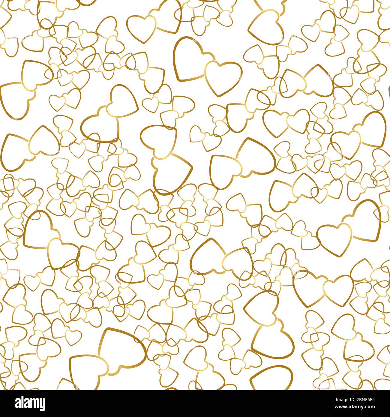 Zwei Herzen nahtloses Muster. Goldene Herzpaare, die zufällig auf weißem Hintergrund platziert werden. Liebe Stil Verpackung Textur für Valentinstag Geschenk oder Stock Vektor