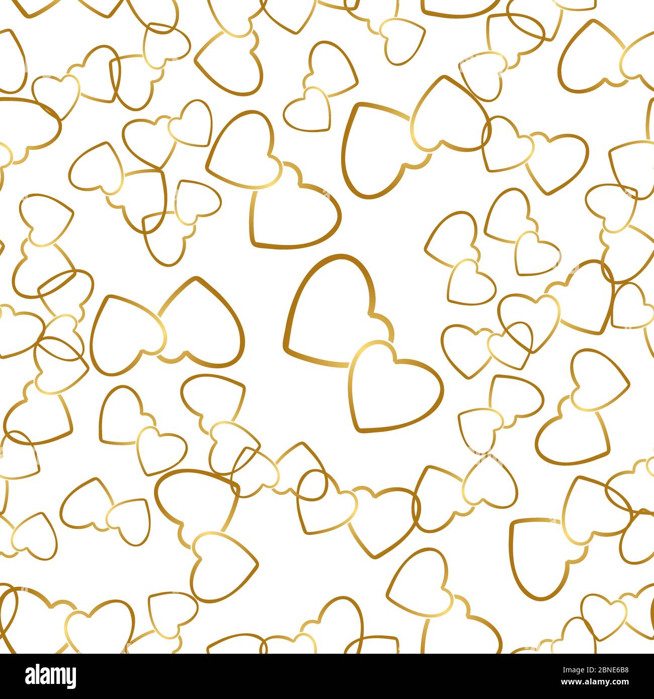 Zwei Herzen nahtloses Muster. Goldene Herzpaare, die zufällig auf weißem Hintergrund platziert werden. Romantische Verpackung Textur für Valentinstag Geschenk oder gr Stock Vektor