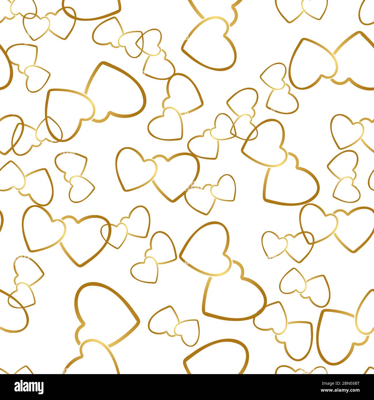 Zwei Herzen nahtloses Muster. Goldene Herzpaare, die zufällig auf weißem Hintergrund platziert werden. Romantische Verpackung Textur für Valentinstag Geschenk oder gr Stock Vektor