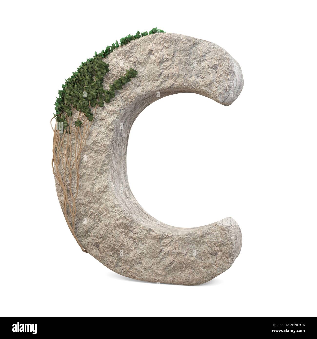 Realistische Steinbuchstaben mit Efeu, isoliert auf weißem Hintergrund. 3d-Bild Stockfoto