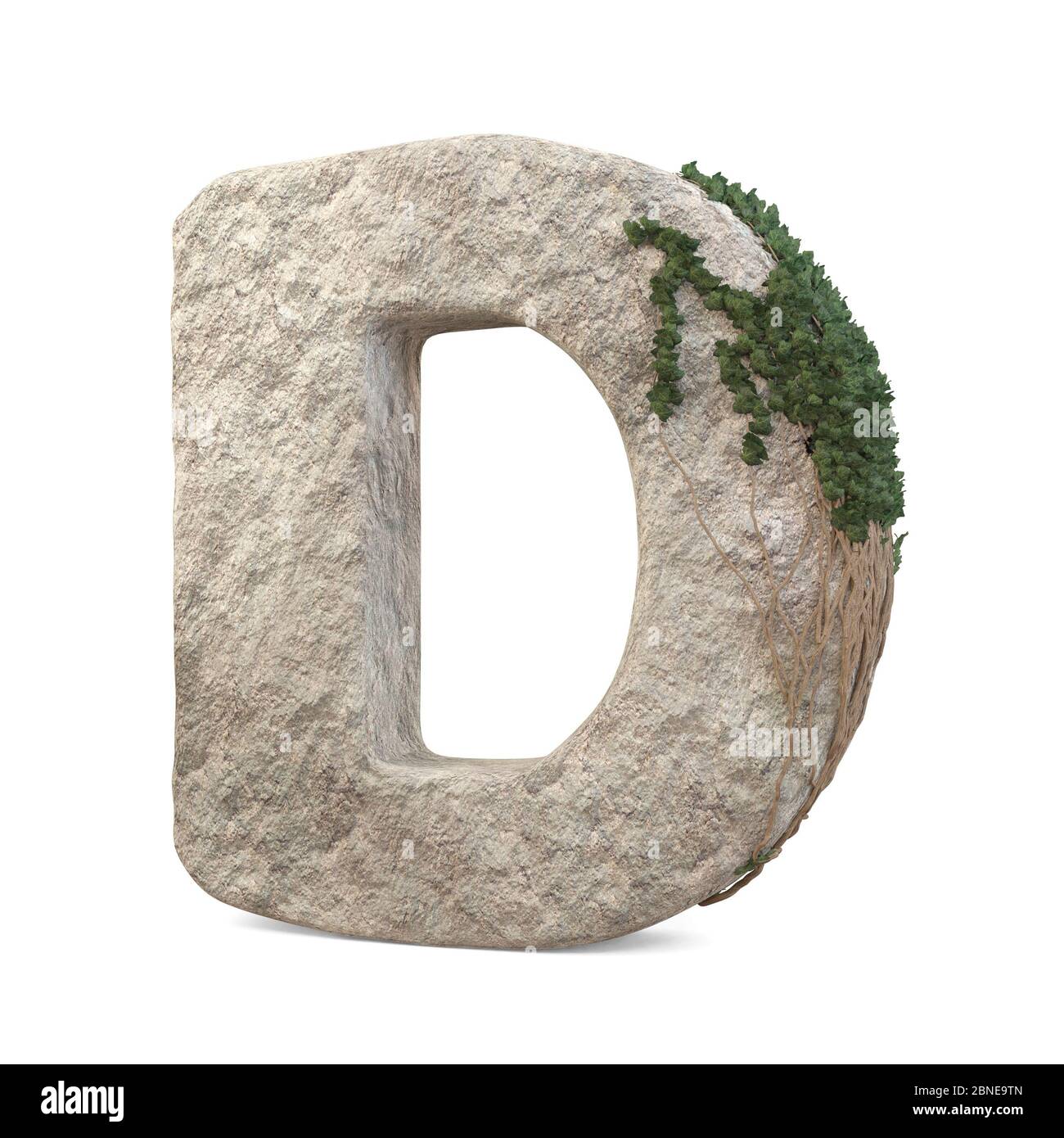 Realistische Steinbuchstaben mit Efeu, isoliert auf weißem Hintergrund. 3d-Bild Stockfoto