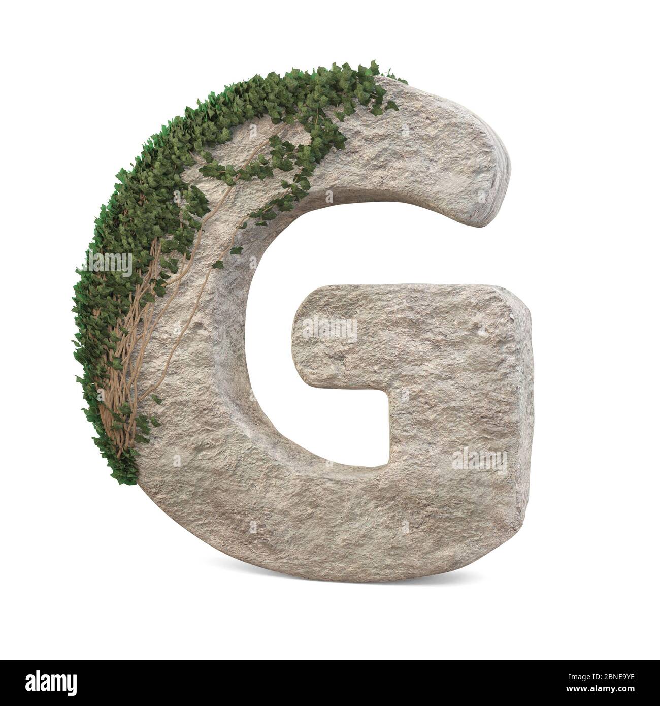Realistische Steinbuchstaben mit Efeu, isoliert auf weißem Hintergrund. 3d-Bild Stockfoto