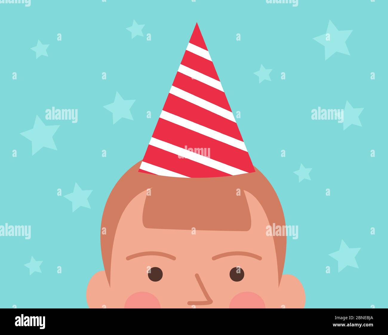 Vektor-Illustration von Halbkopf des Jungen in Geburtstagskappe, Sterne auf dem Hintergrund Stock Vektor