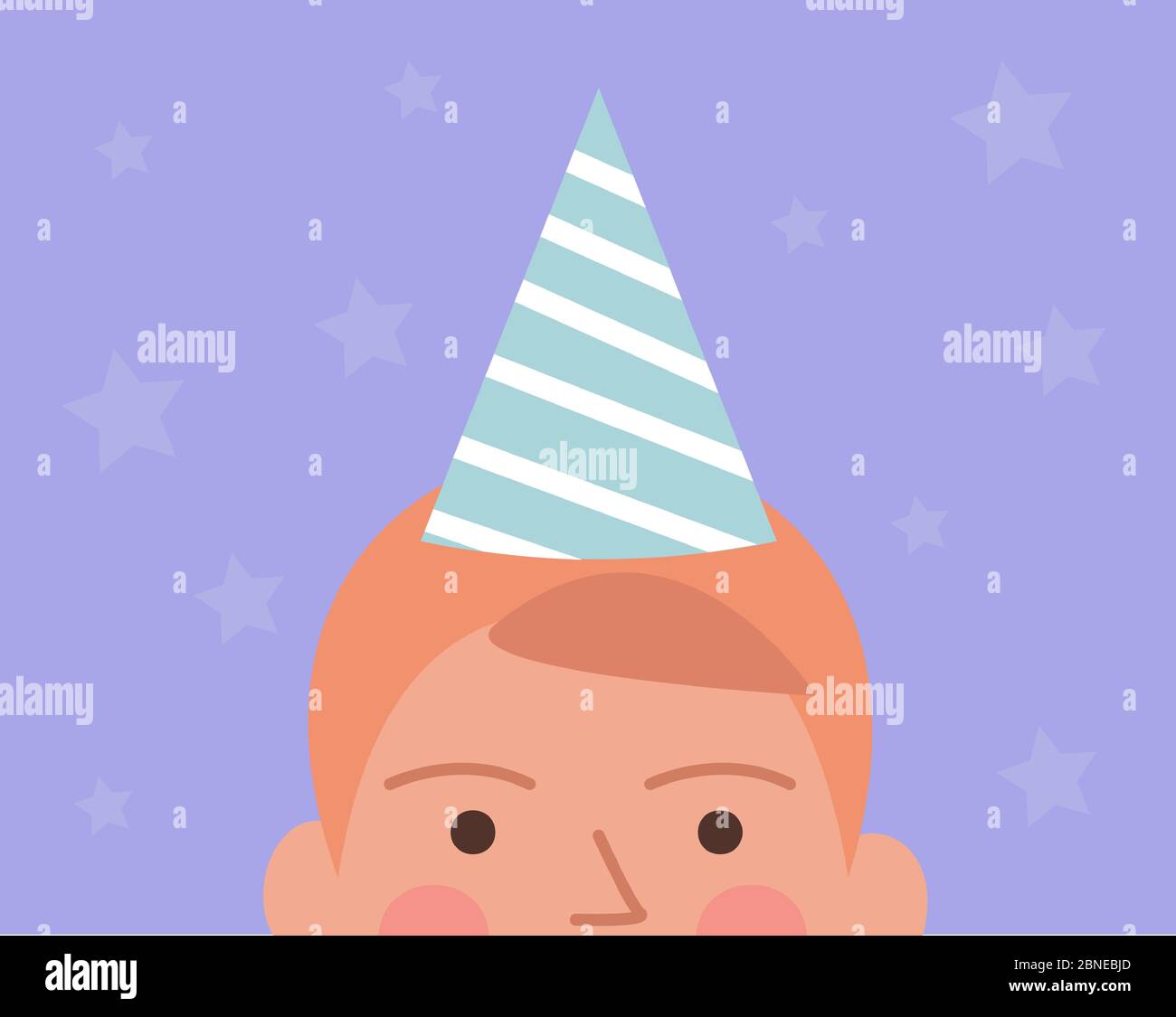 Vektor-Illustration von Halbkopf des Jungen in Geburtstagskappe, Sterne auf dem Hintergrund Stock Vektor