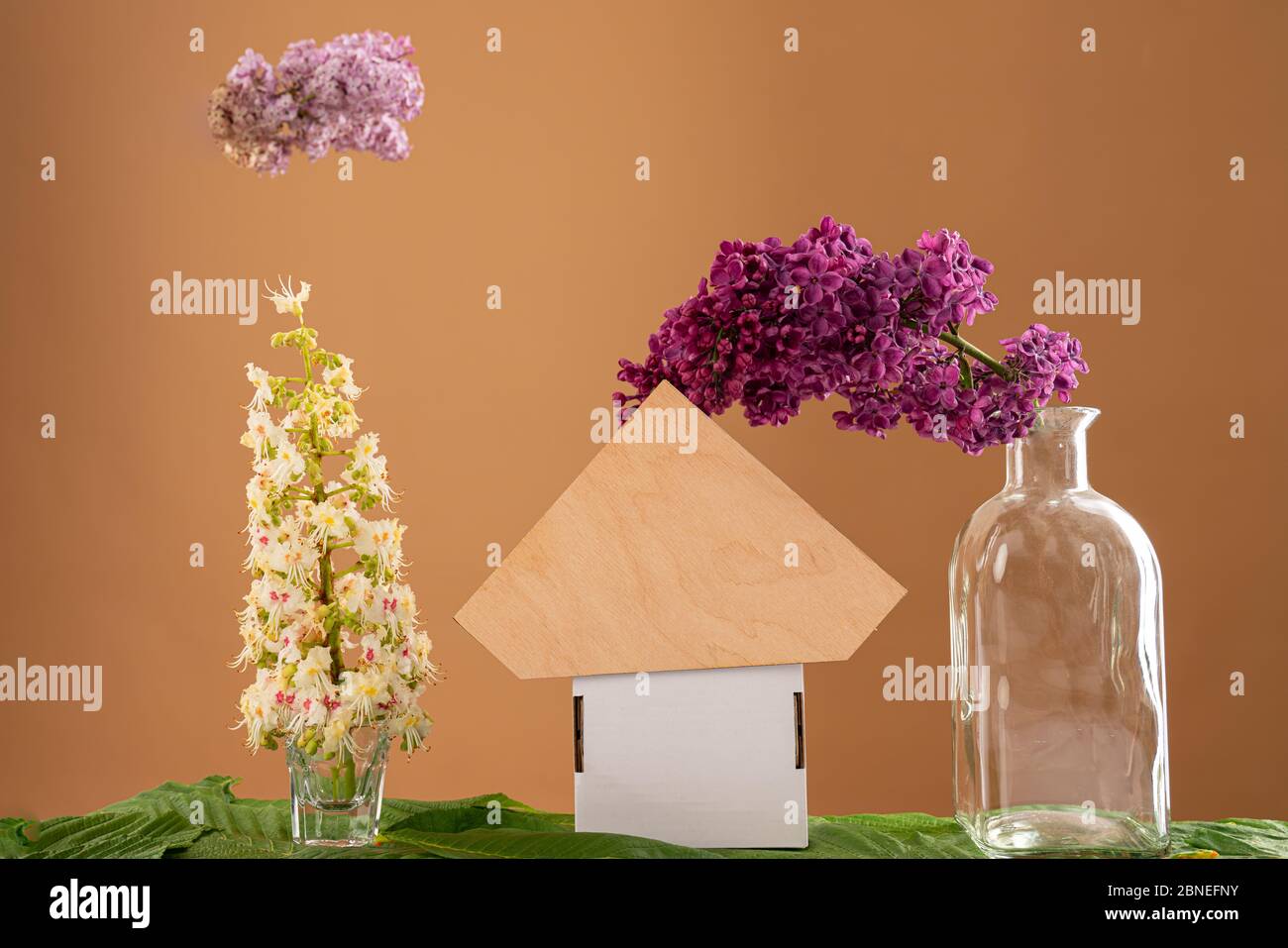 Zusammensetzung der Blumen, Papphaus zwischen zwei Zweigen blühender Blumen in Gläsern statt Bäumen und einem blühenden Zweig unter Baum Stockfoto