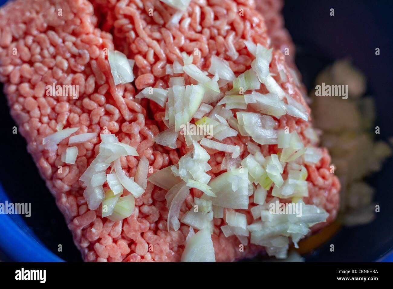 Hackfleisch in einer Schüssel mit rohem Ei, Gewürzen und gehackte Zwiebel zum Kochen Stockfoto
