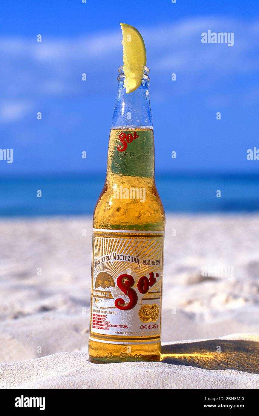 "Sol" Bierflasche sitzen in Sand, North Beach, Isla Mujeres, Quintana Roo, Mexiko Stockfoto