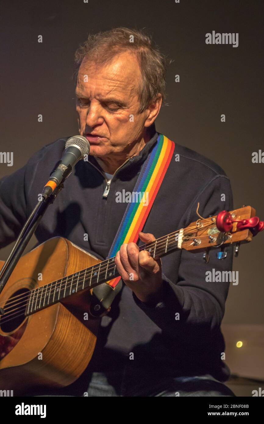 Älterer Rüde, im Konzert, Gitarre und Gesang. Stockfoto