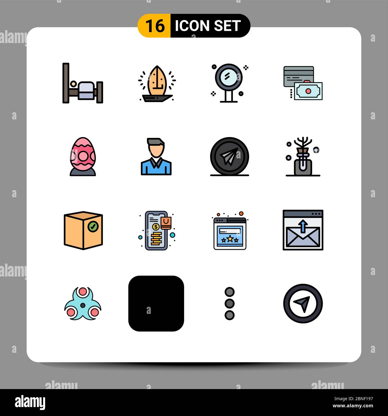 Set von 16 modernen UI Icons Symbole Zeichen für Dekoration, Zahlung, Bad, Kredit, Reflexion editierbar Creative Vector Design-Elemente Stock Vektor