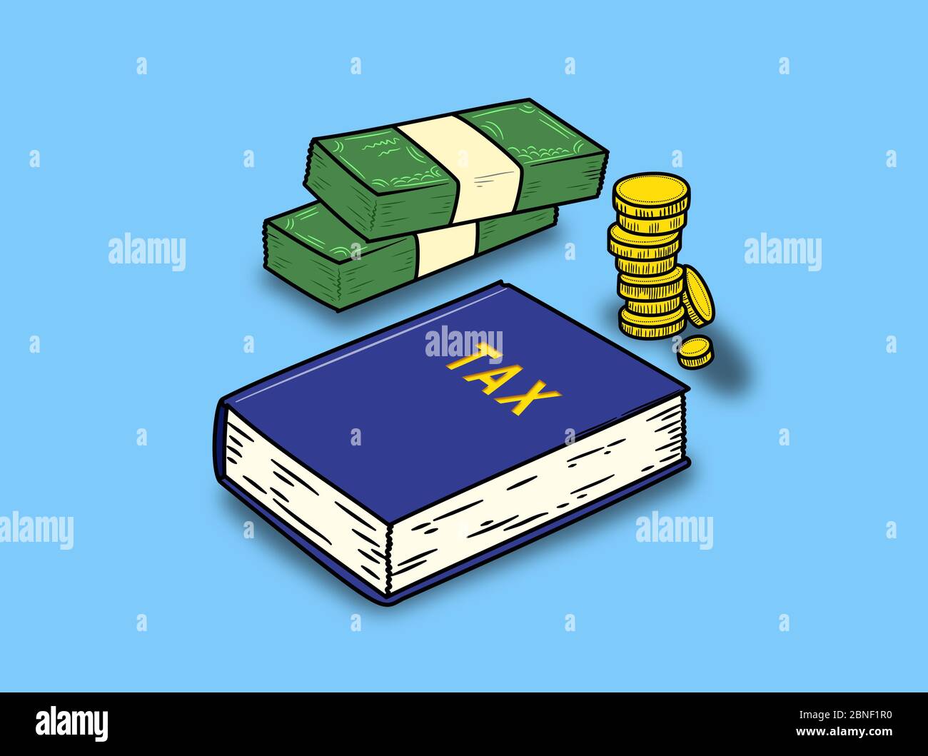 Geld- und Steuerbuch auf blauem Hintergrund Stockfoto