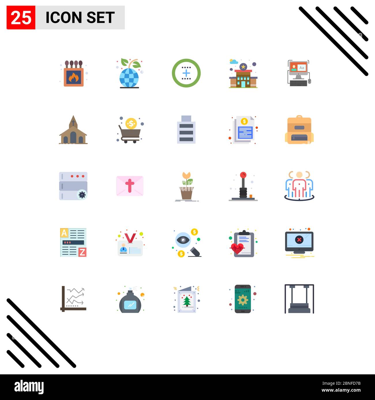 25 Benutzeroberfläche Flat Color Pack von modernen Zeichen und Symbole von Bildschirm, Station, hinzufügen, Polizei, runde editierbare Vektor Design-Elemente Stock Vektor
