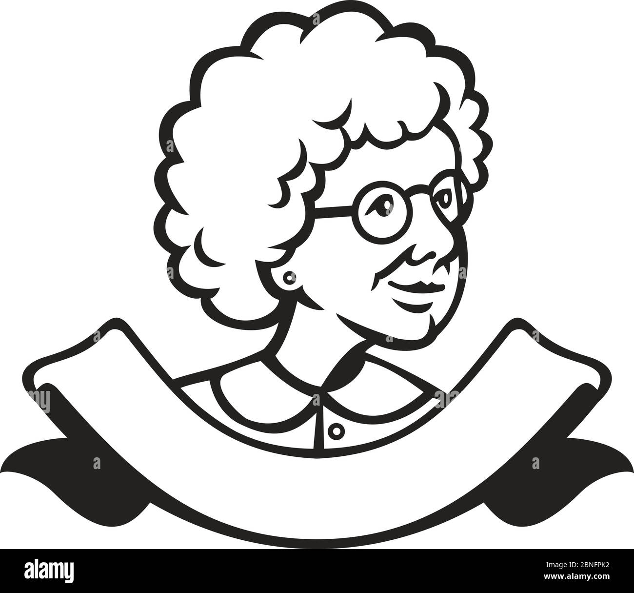 Retro-Stil Illustration der Büste einer Großmutter, einer Kindermädchen, eines Kindermädchen oder einer älteren erwachsenen Frau, die zu Seite schaut, mit Band unten auf dem isolierten Rücken Stock Vektor