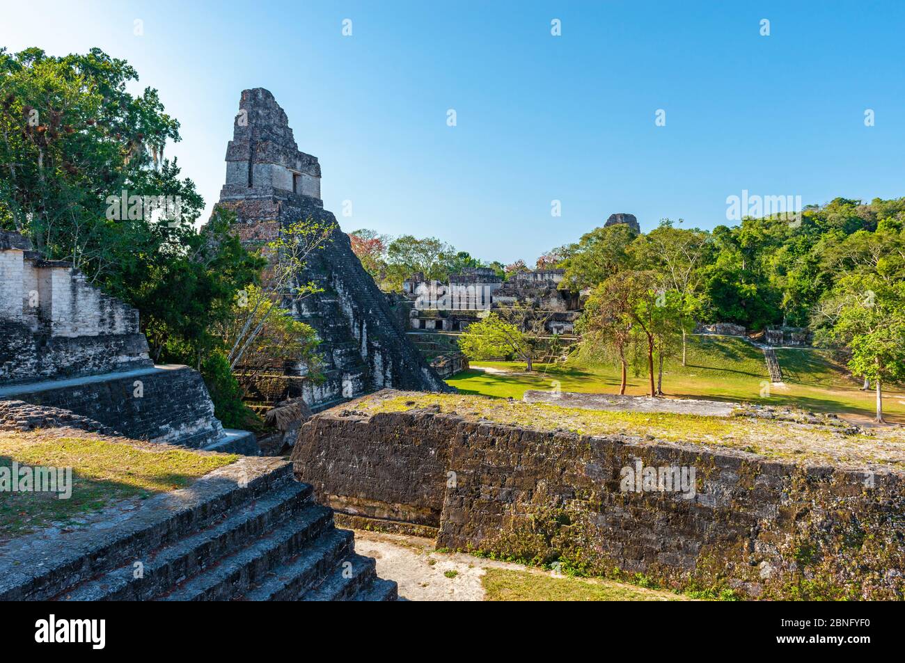 Hauptplatz der Maya-archäologischen Stätte von Tikal mit Tempel I oder Tempel der Großen Jaguar Pyramide auf der linken Seite, Penen Regenwald, Guatemala. Stockfoto