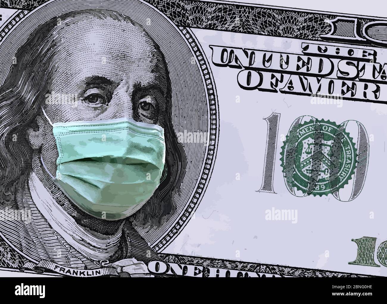 Eine Nahaufnahme eines 100-Dollar-Geldscheins zeigt Benjamin Franklin, der eine chirurgische Maske trägt, um sich vor dem Covid-19-Coronavirus zu schützen. Dies ist eine Illustration Stock Vektor