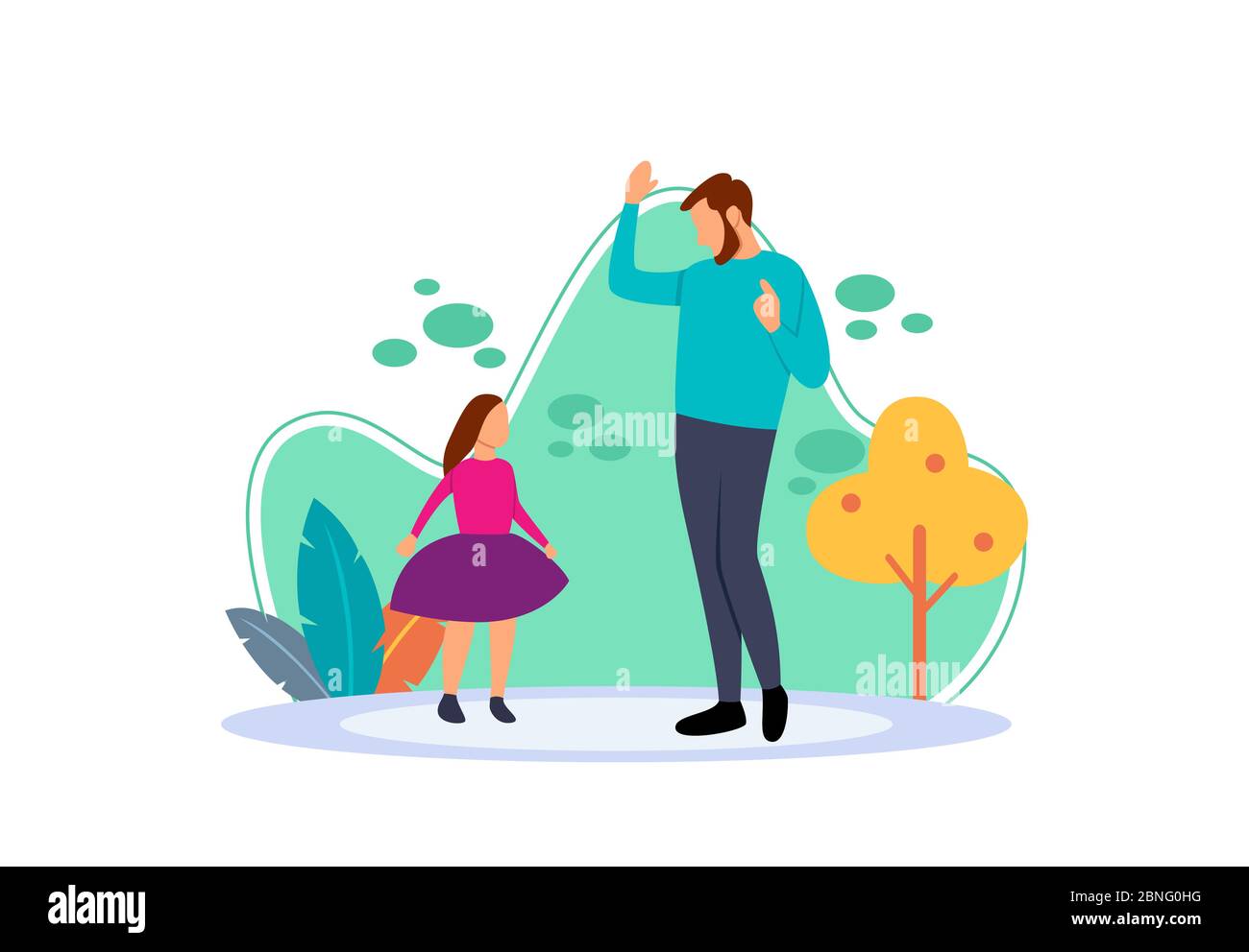 Flache Illustration von Papa und kleines Mädchen tanzen glücklich zu Hause. Cartoon-Figuren mit dem Konzept der Liebe des Vaters für Mädchen. Stock Vektor