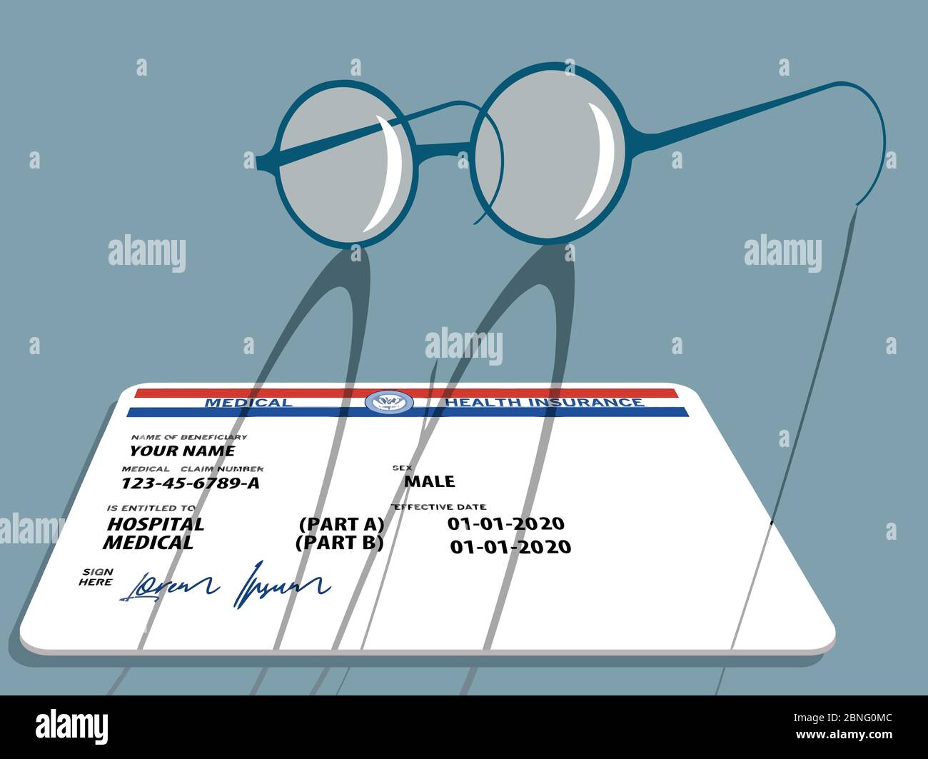 Eine Medicare Krankenversicherung Karte wird mit einem Paar von Draht umrandet Brillen von älteren Menschen getragen gesehen. Stock Vektor