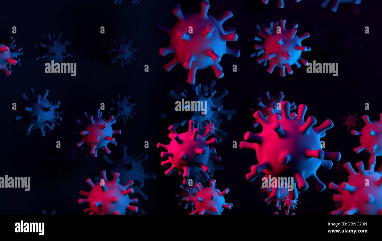 Coronavirus COVID-19 3D-Illustration mit roten und blauen ansteckenden Viruszellen auf abstraktem, dunklem wissenschaftlichen Hintergrund für den Nachrichtenheader. 3D-Darstellung Stockfoto