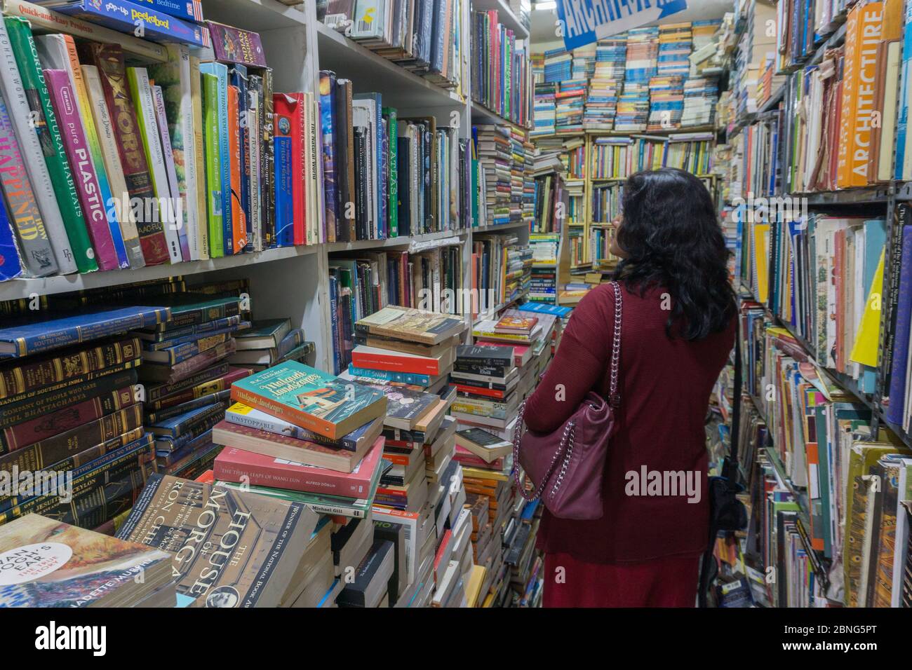 Eine Dame, die in einem Buchladen in der Church Street in Bangalore (Indien) die Bücher durchstöbert Stockfoto