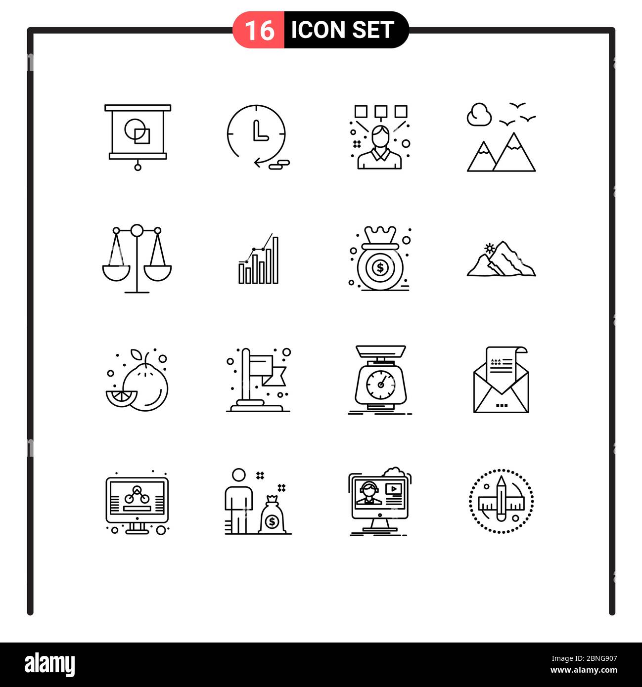 Universal Icon Symbole Gruppe von 16 modernen Konturen von Skalen, Balance, Editor, Reise, Natur editierbar Vektor Design-Elemente Stock Vektor