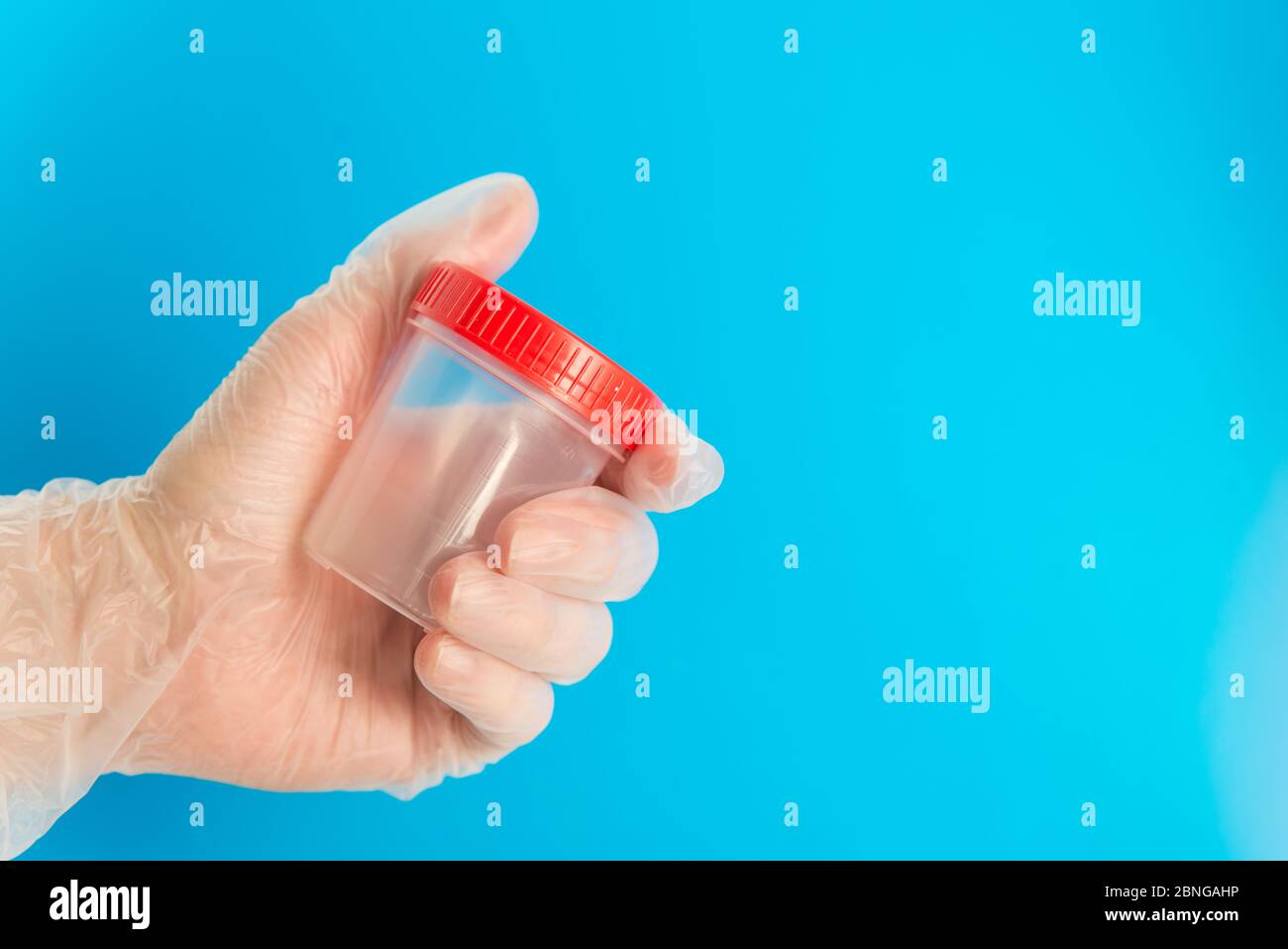 Arzthand im medizinischen Handschuh hält einen leeren Plastikbehälter für Tests Stockfoto