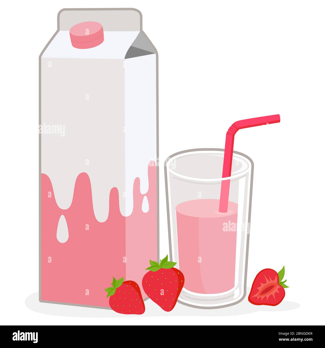 Karton und Glas Erdbeermilch und Erdbeeren. Stockfoto