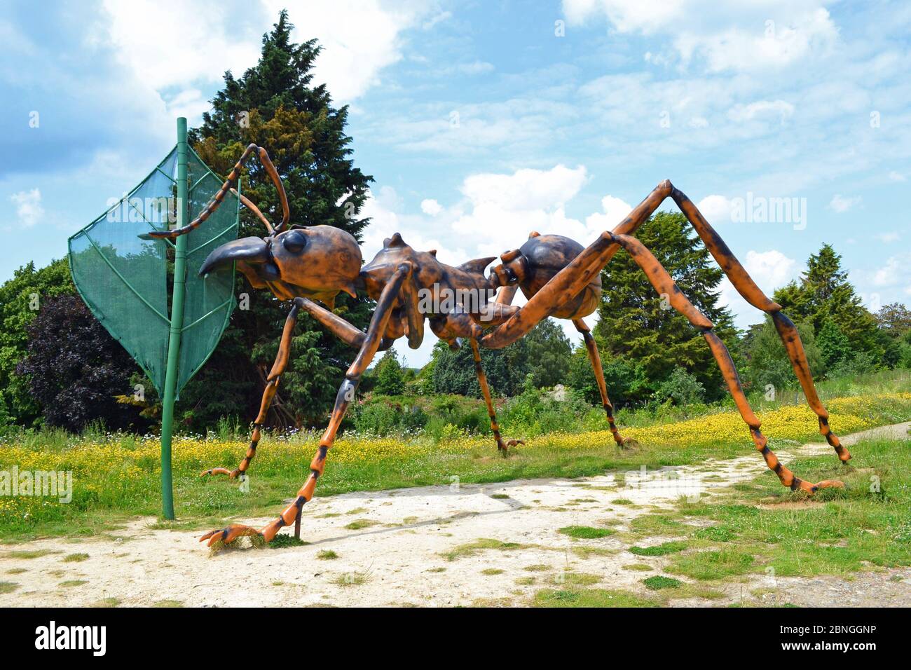 Eine riesige Ameisenskulptur in Butterfly World, St Albans, Hertfordshire, Großbritannien. Die Attraktion wurde im Dezember 2015 geschlossen. Stockfoto