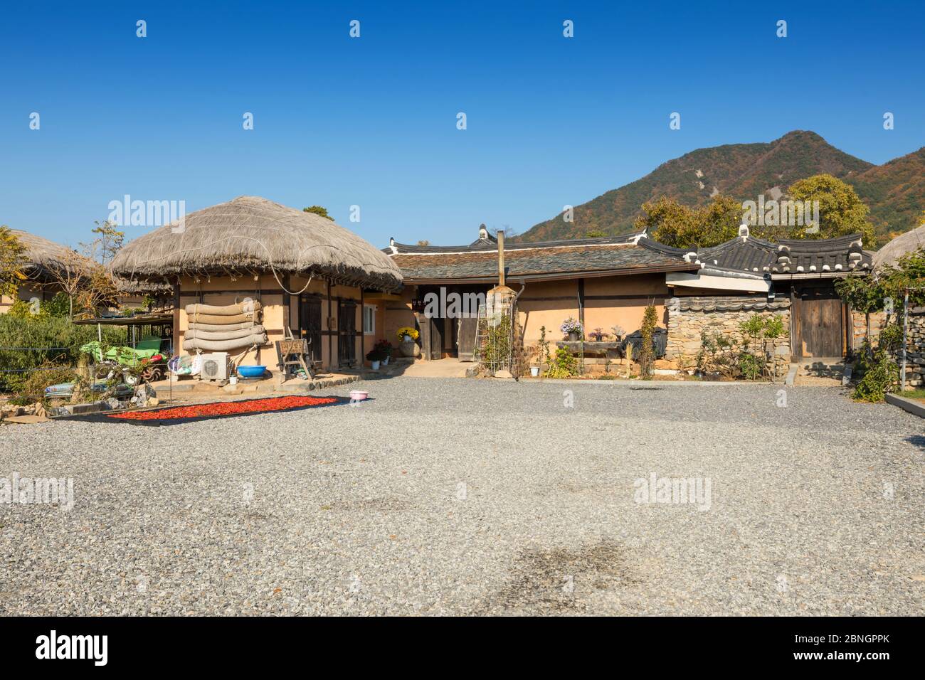 Koreanisches traditionelles Strohhaus. Traditionelles Bauerndorf in Asan Oeam Folk Village, Südkorea. Stockfoto