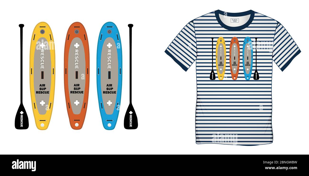 Print auf T-Shirt Grafik-Design, Paddle Board, nautische Motive Bild Shirt Seemann Streifen, isoliert auf Hintergrund leer Stockfoto