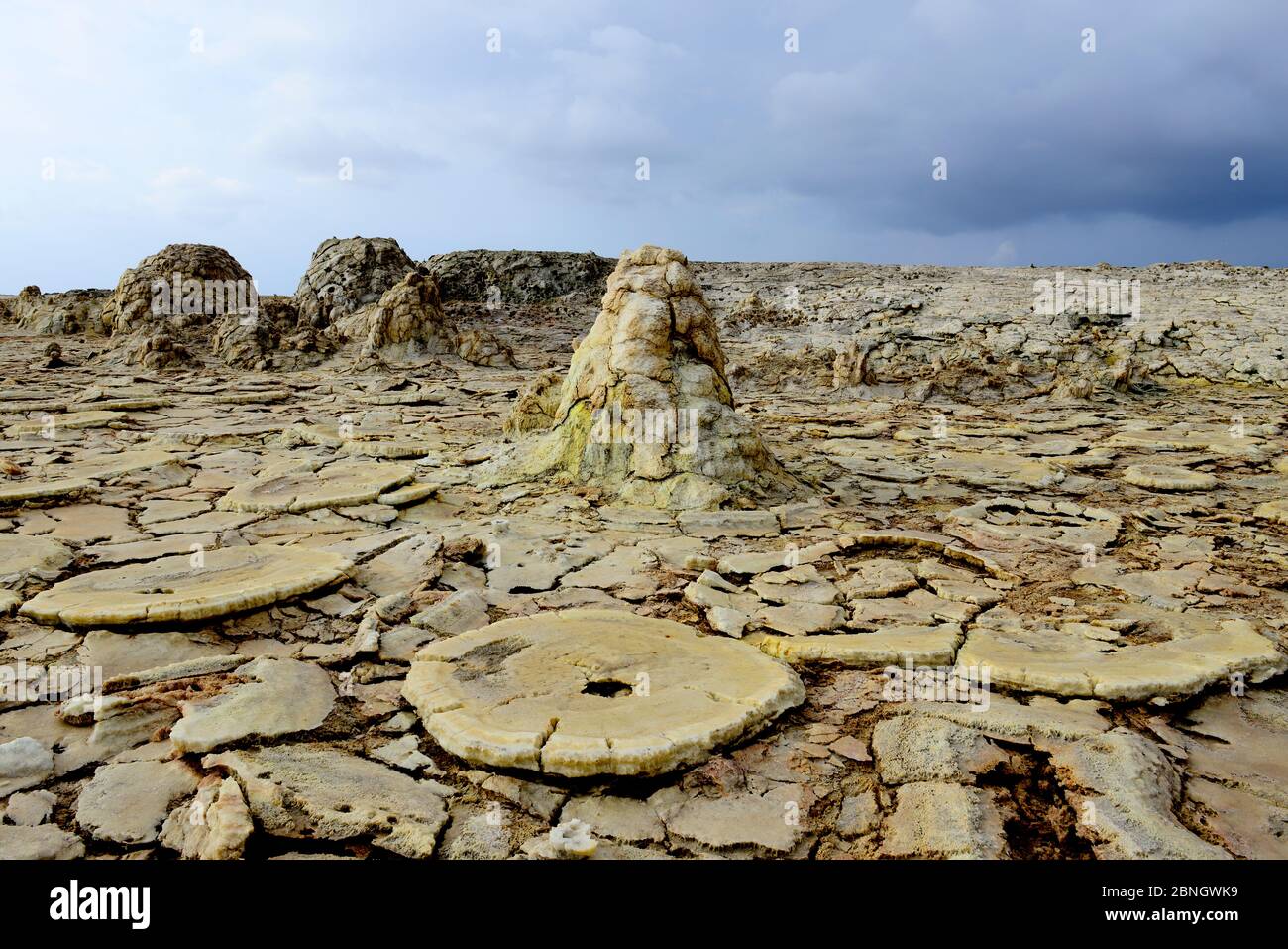 Formationen, die durch Winderosion, Salzablagerungen, Wasser und schwefelhaltige Dämpfe im Gebiet Dallol des Assale Sees verursacht werden. Danakil Depression, Afar Region, Äthiopien, Stockfoto