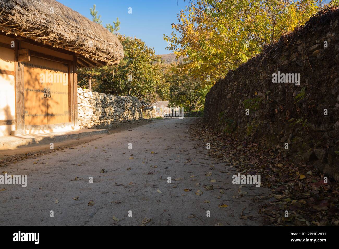 Koreanische traditionelle Dorf und Steinmauer Straße. Traditionelles Bauerndorf in Asan Oeam Folk Village, Südkorea Stockfoto
