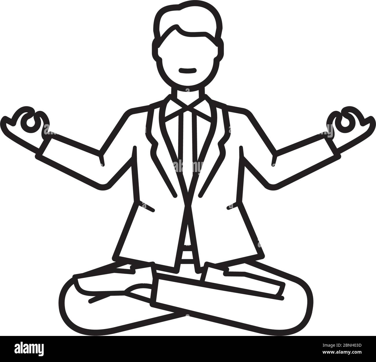 Geschäftsmann Cartoon-Charakter schweben während der Meditation in Yoga Lotus Pose mit gekreuzten Beinen und Gyan Mudra Geste Vektor-Linie Symbol. Stock Vektor