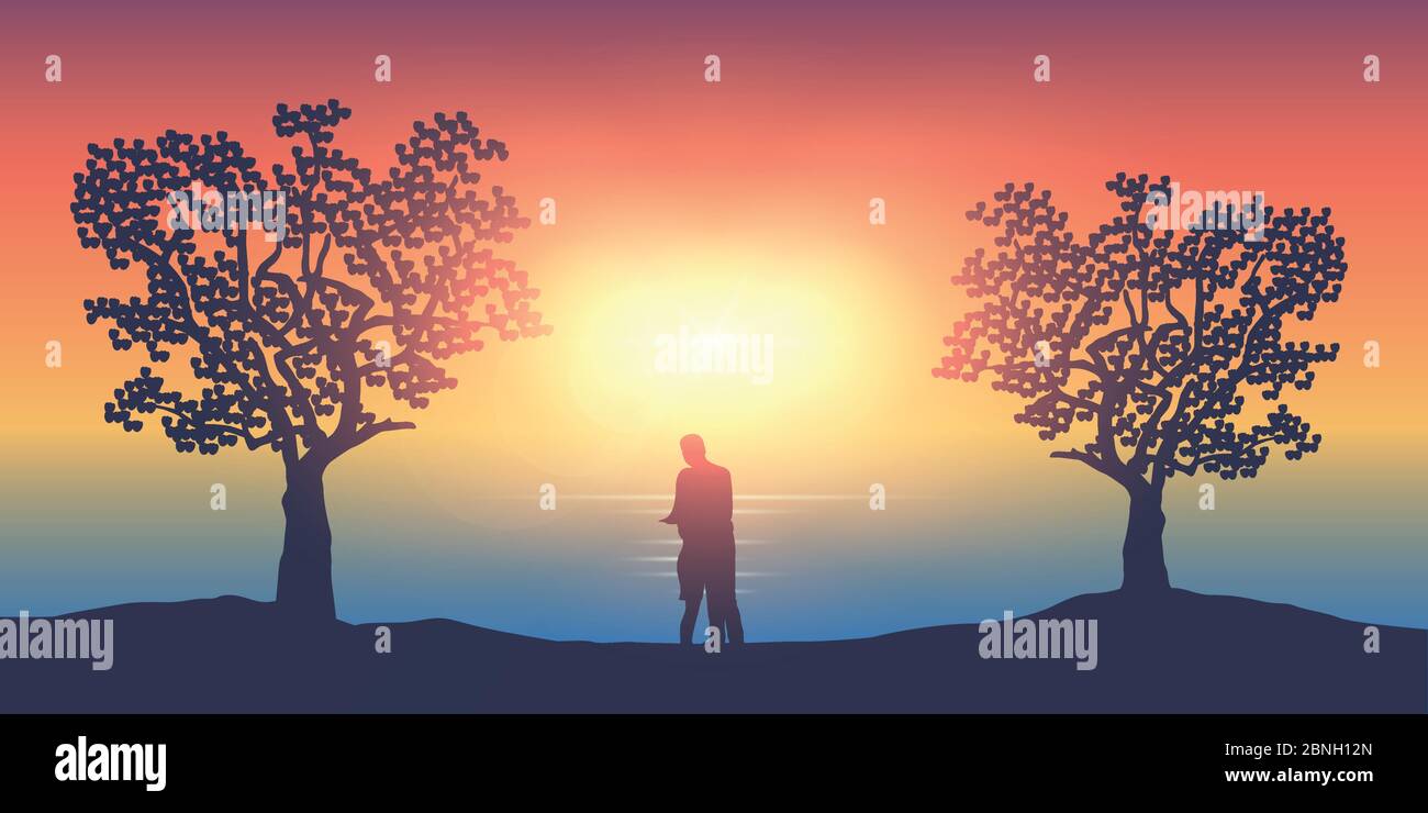 Verliebten Paar an einem sonnigen Tag steht zwischen zwei Bäumen durch die Ozean-Vektor-Illustration EPS10 Stock Vektor