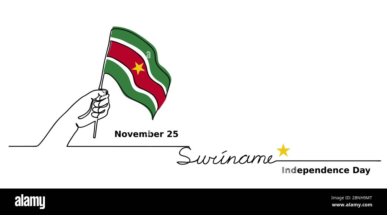 Suriname Independence Day Vektor-Flagge Hintergrund. Ein durchgehendes Linienzeichnungskonzept mit Hand, Suriname-Flagge, Schriftzug Stock Vektor