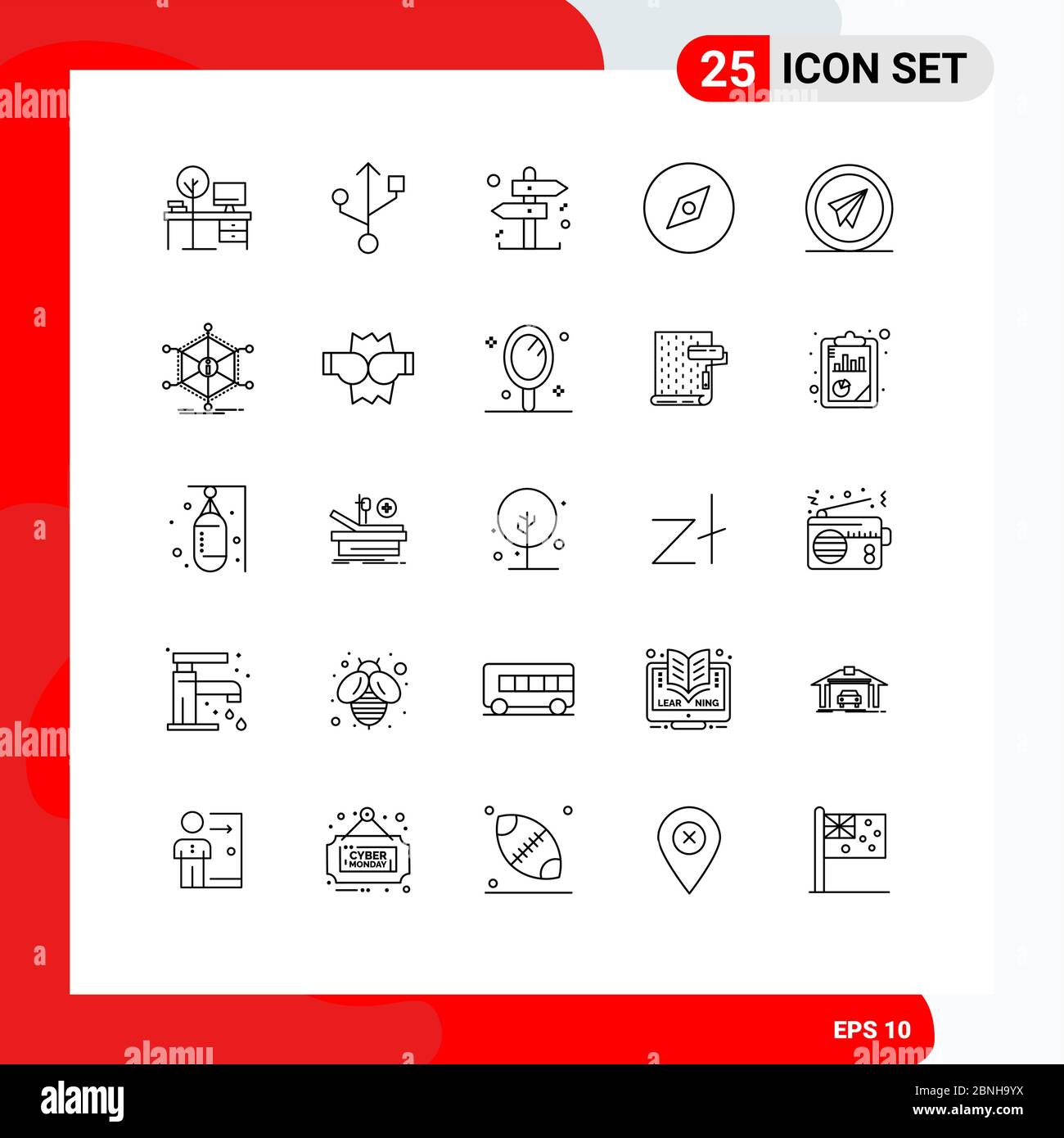 Universal Icon Symbole Gruppe von 25 modernen Linien von Papier Ebene, Start, Entscheidung, fliegen, Navigation editierbar Vektor Design-Elemente Stock Vektor