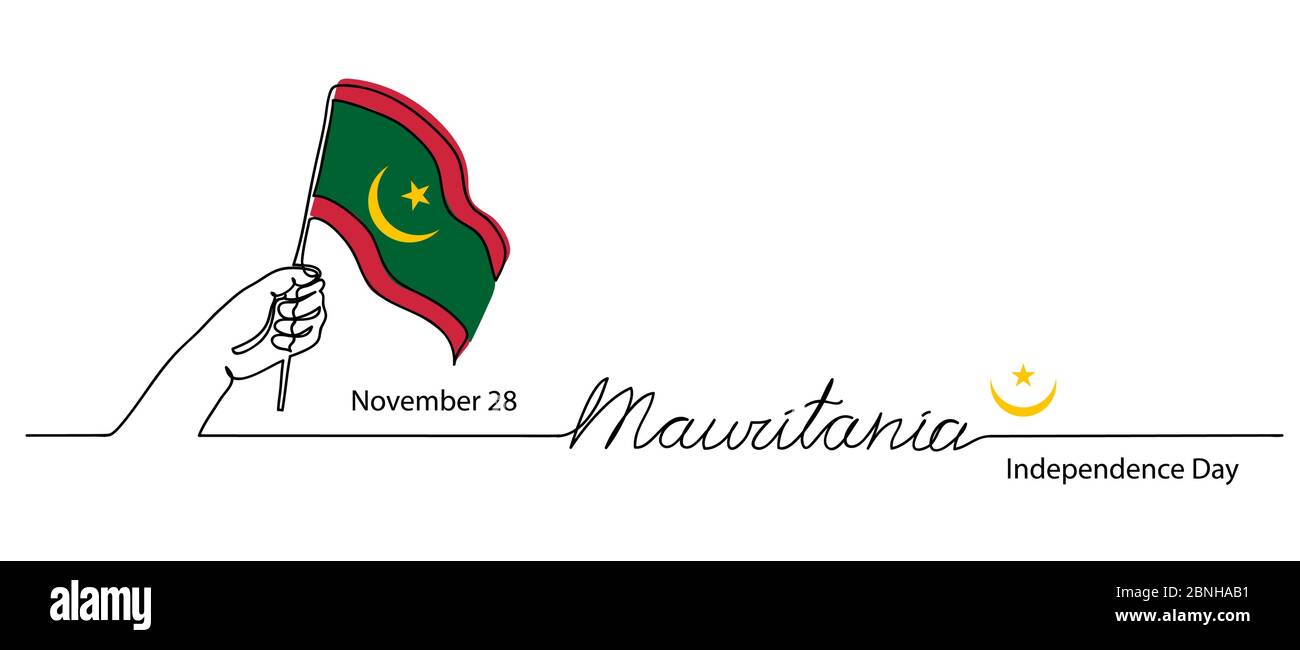 Mauritania Independence Day vector flag background. One continuous line drawing concept with hand, Mauritania flag,lettering Stock Vektor